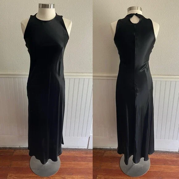 Vintage 90s XOXO Sleeveless Bias Cut Tank Dress High Neck Shiny Shimmer Black S - Picture 1 of 12